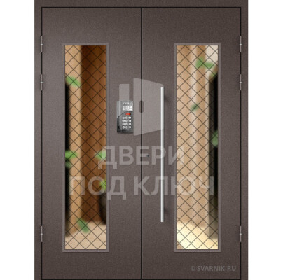 Входная дверь в подъезд с домофоном, стеклопакетом и решеткой ДПК-13828